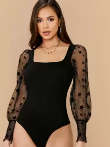 SHEIN Privé Body tejido de canalé de manga de malla con estrella con flocado de puño fruncido - Negro - Ver 1