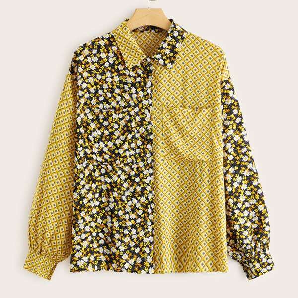 

Plus Daisy Floral And Geo Print Spliced Blouse, Multicolor