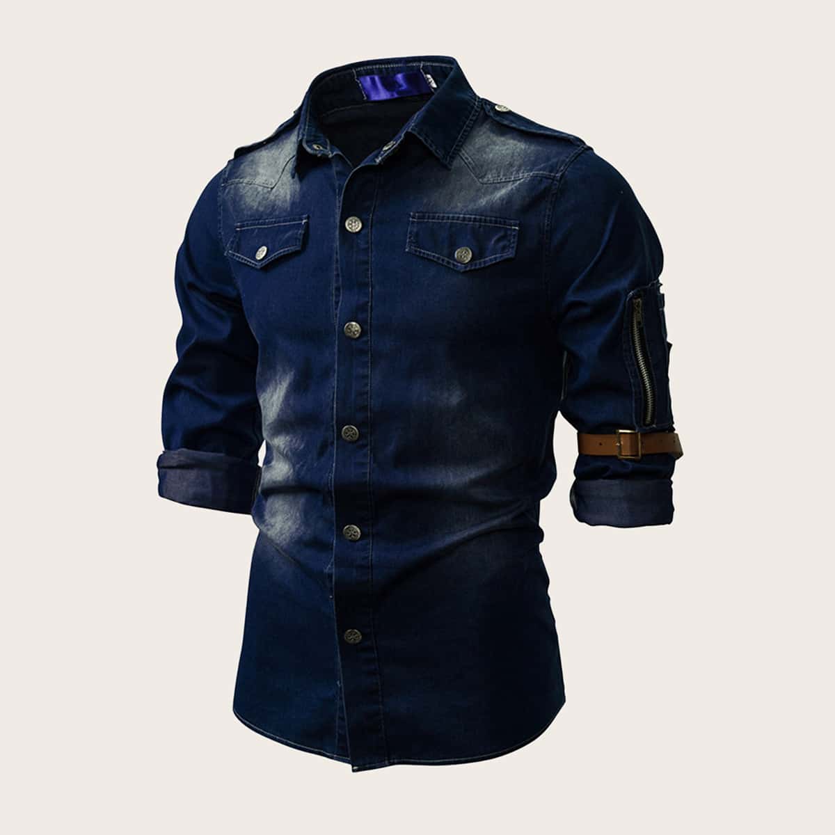 

Guys Button Through Washed Denim Shirt Without Armbands, Navy blue