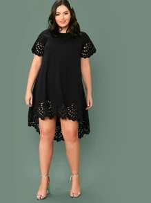 Chikora Vestido asimétrico cortado láser ribete en abanico - grande - Negro - Ver 1