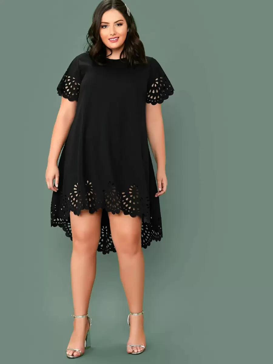 Chikora Vestido asimétrico cortado láser ribete en abanico - grande - Negro - Ver 1