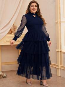 SHEIN Plus Keyhole Neck Pearls Beaded Layered Mesh Hem Dress Without Belt - Navy Blue - View 4