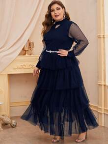 SHEIN Plus Keyhole Neck Pearls Beaded Layered Mesh Hem Dress Without Belt - Navy Blue - View 5