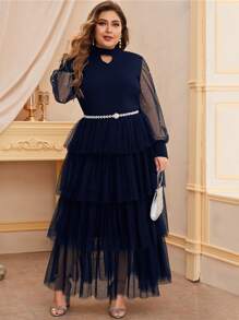 SHEIN Plus Keyhole Neck Pearls Beaded Layered Mesh Hem Dress Without Belt - Navy Blue - View 1