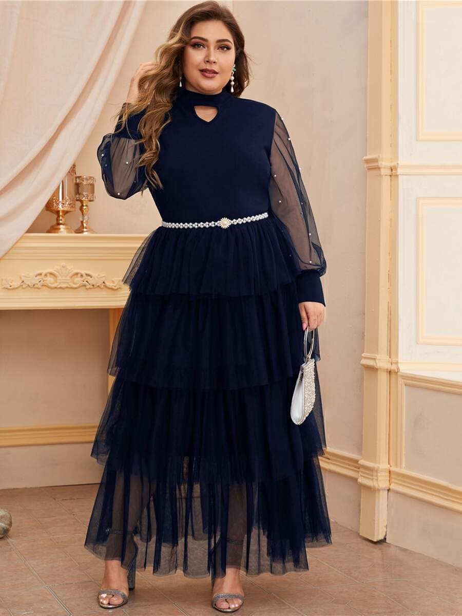 SHEIN Plus Keyhole Neck Pearls Beaded Layered Mesh Hem Dress Without Belt - Navy Blue - View 1