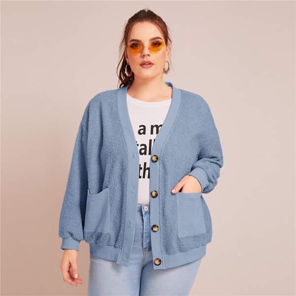 

Plus Single Breasted Pocket Patched Teddy Jacket, Blue pastel