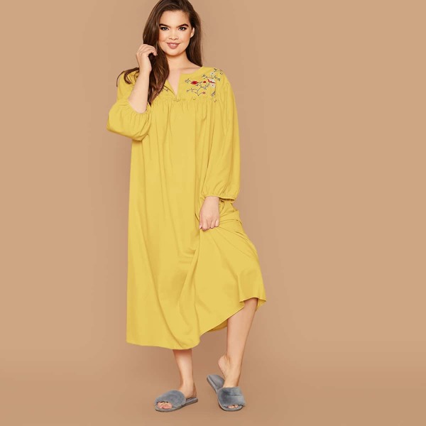 

Ночная рубашка размера плюс с оборками и цветочной вышивкой, Жёлтые