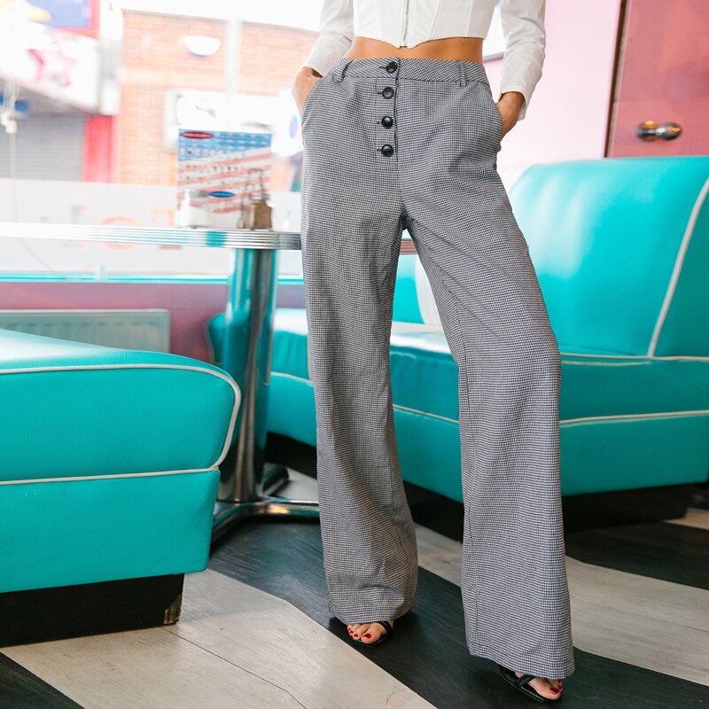 

Buttoned Fly Slant Pocket Houndstooth Wide Leg Pants, Black and white