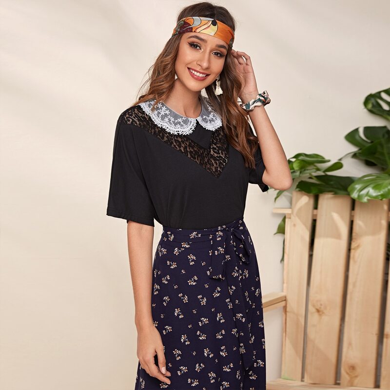 

Contrast Peter Pan Collar Lace Insert Top, Black