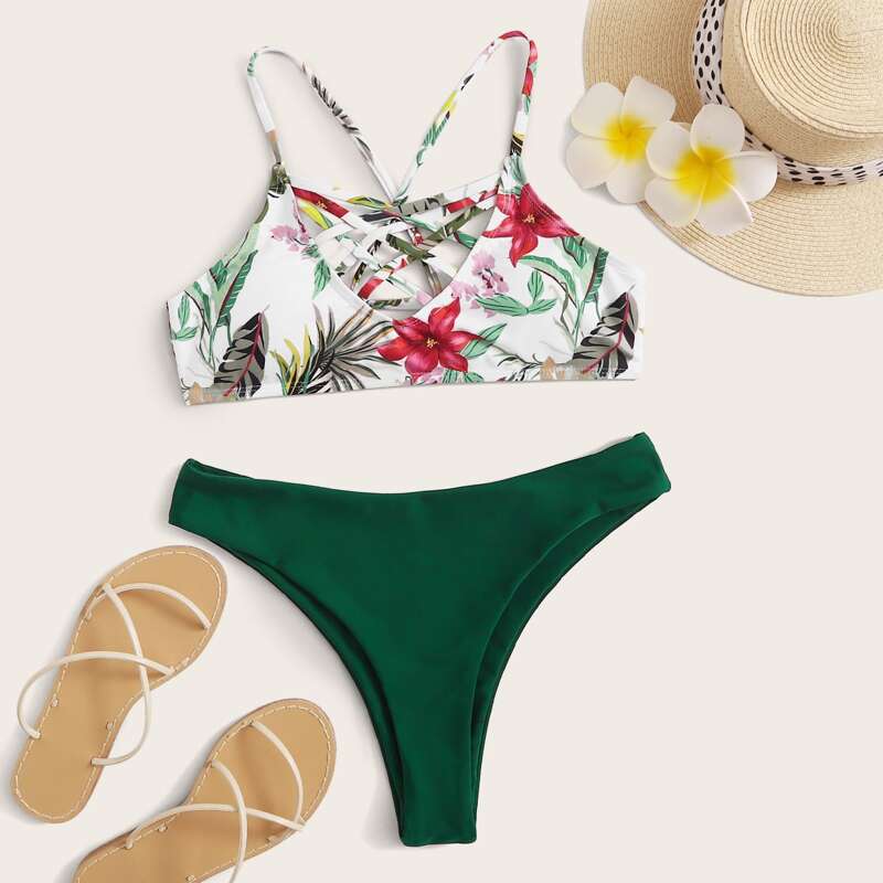 

Floral Crisscross Top With High Cut Bikini Set, Multicolor