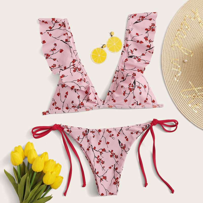 

Floral Ruffle Top With Tie Side Bikini Set, Multicolor