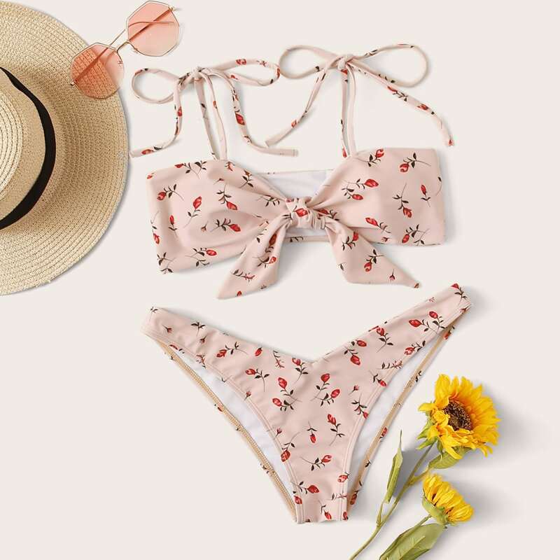 

Floral Knot Top With High Cut Bikini Set, Pink