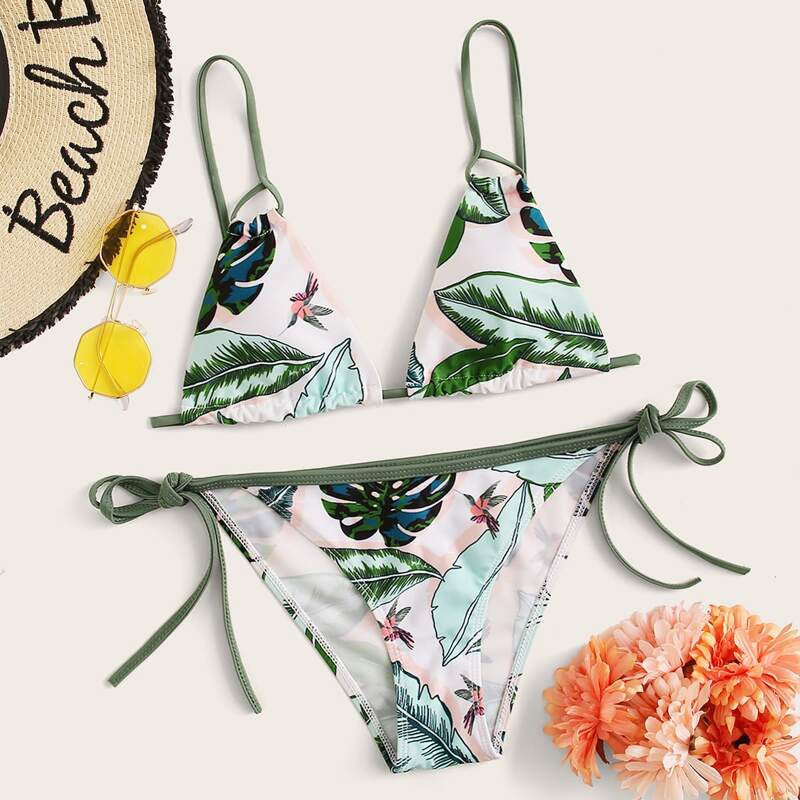 

Leaf Print Top With Tie Side Bikini Set, Multicolor