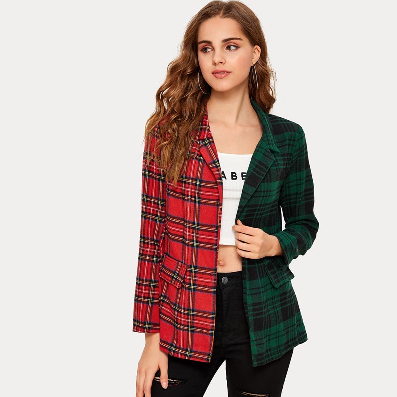 

Notched Collar Color Block Tartan Blazer, Multicolor