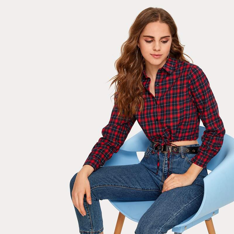 

Plaid Button Through Drawstring Hem Blouse, Multicolor