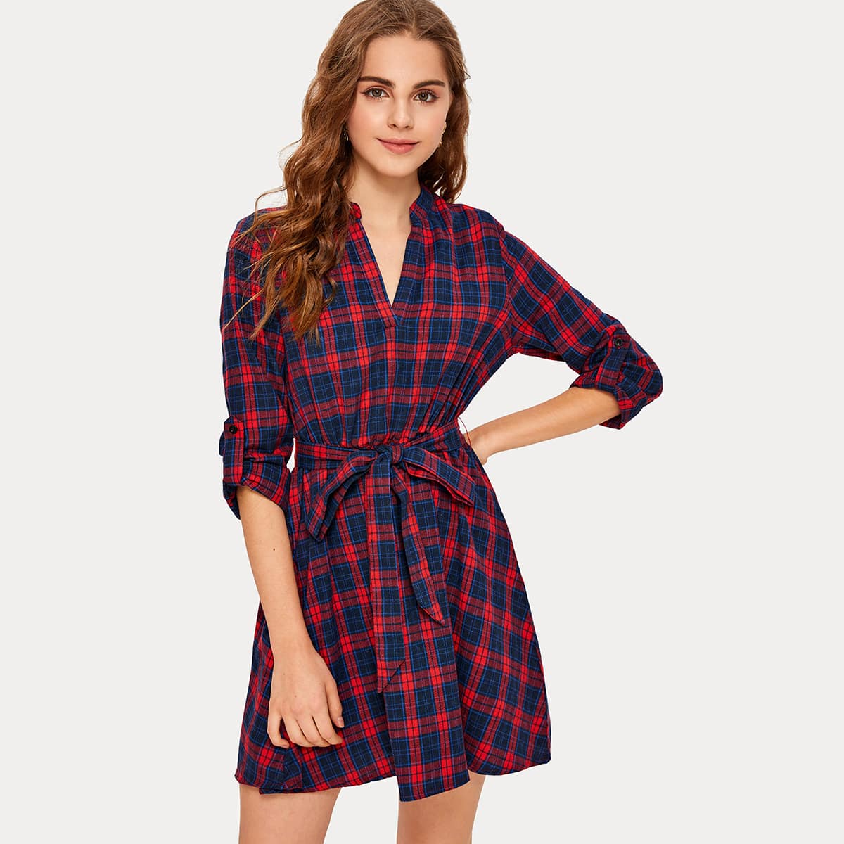 

V-cut Neck Roll Tab Sleeve Belted Plaid Dress, Multicolor