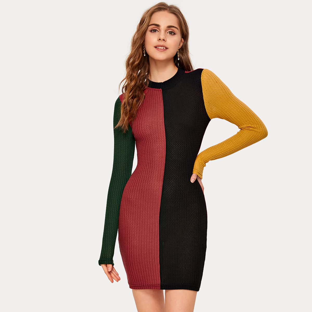 

Mock Neck Colorblock Waffle Knit Bodycon Dress, Multicolor