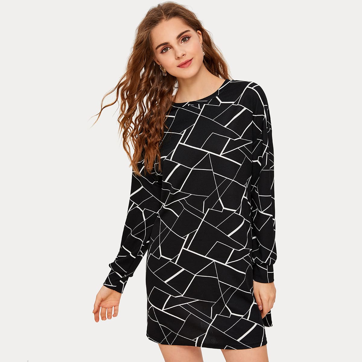 

Drop Shoulder Geo Print Dress, Black