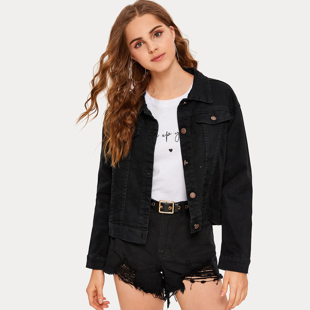 

Button Through Trucker Denim Jacket, Black