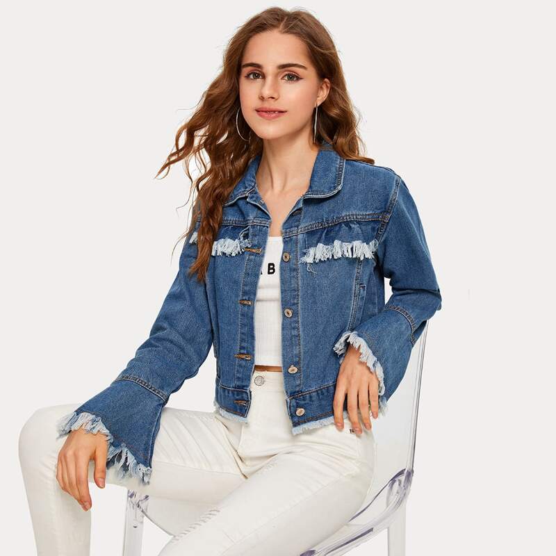 

Raw Hem Flounce Sleeve Denim Jacket, Blue