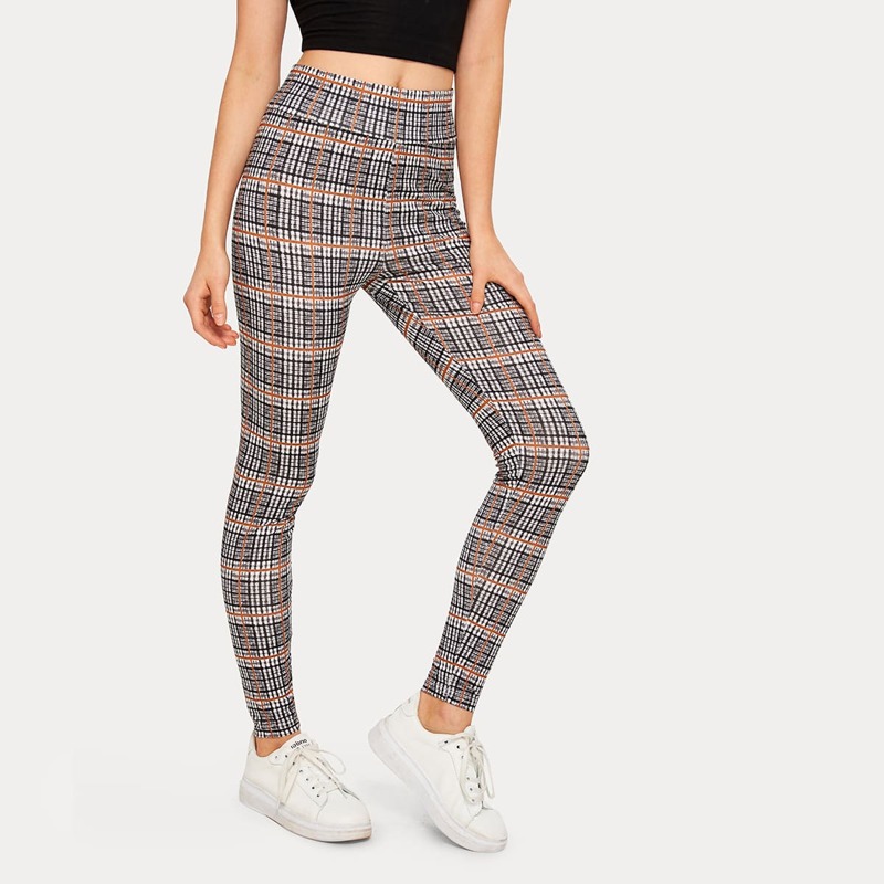 

Wide Waistband Plaid Leggings, Multicolor