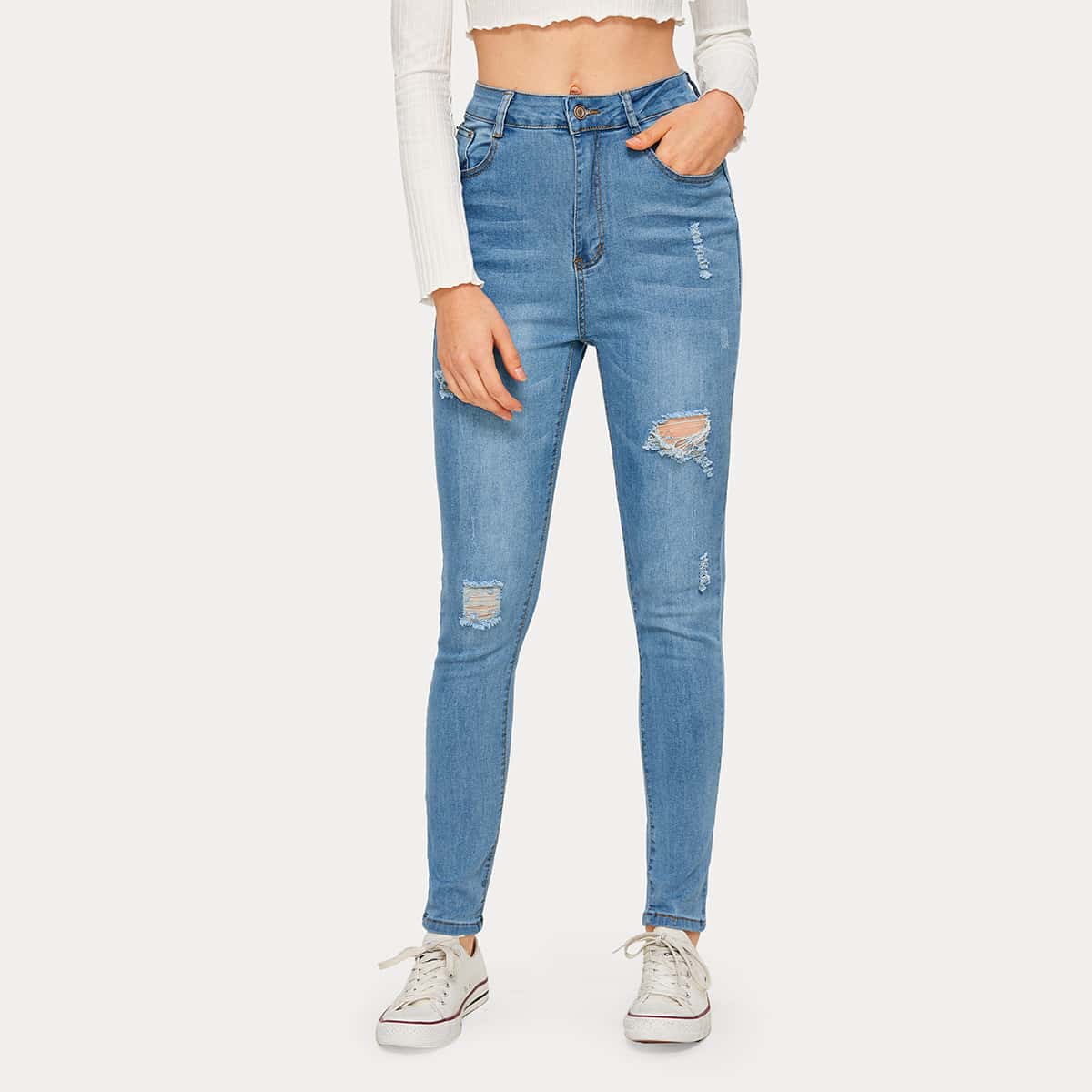 

High Waist High Stretch Ripped Skinny Jeans, Light wash