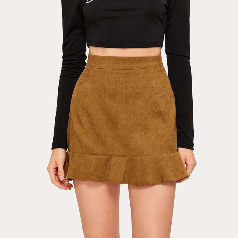 

Ruffle Hem Bodycon Corduroy Skirt, Khaki
