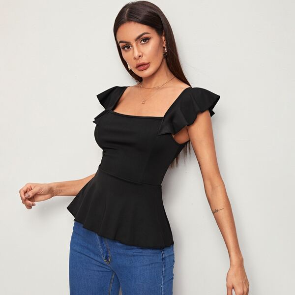 

Square Neck Fitted Peplum Top, Black