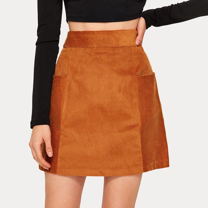 

Dual Pocket Zip Back Corduroy Skirt, Brown