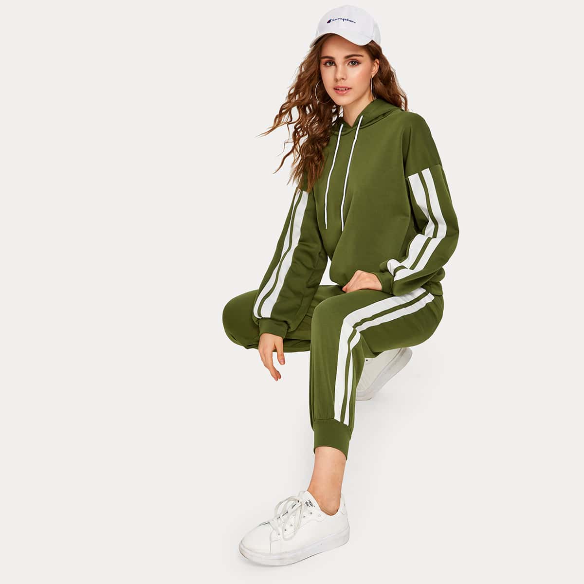 

Contrast Panel Drawstring Hoodie & Sweatpants, Army green