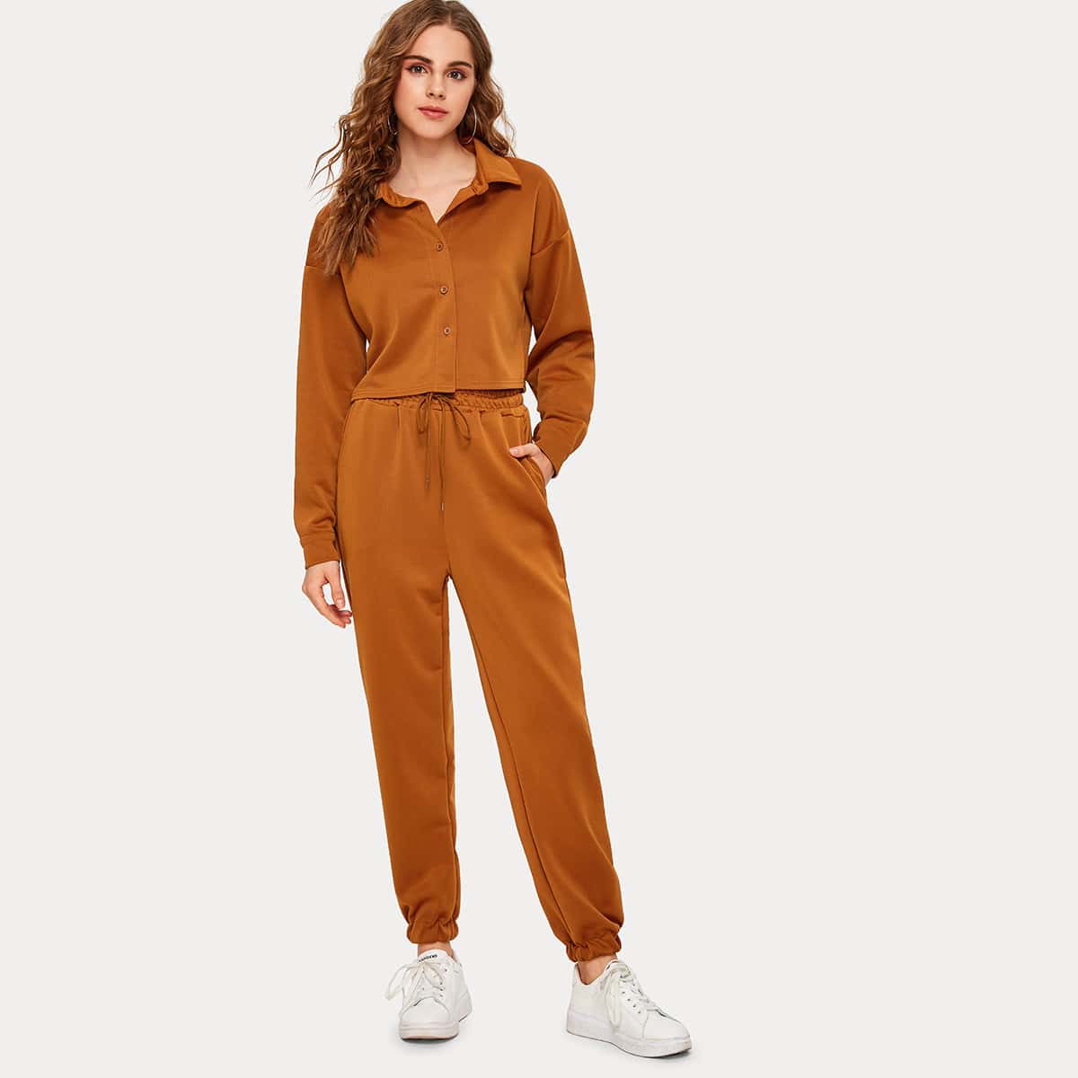

Button Through Blouse & Drawstring Waist Sweatpants, Brown