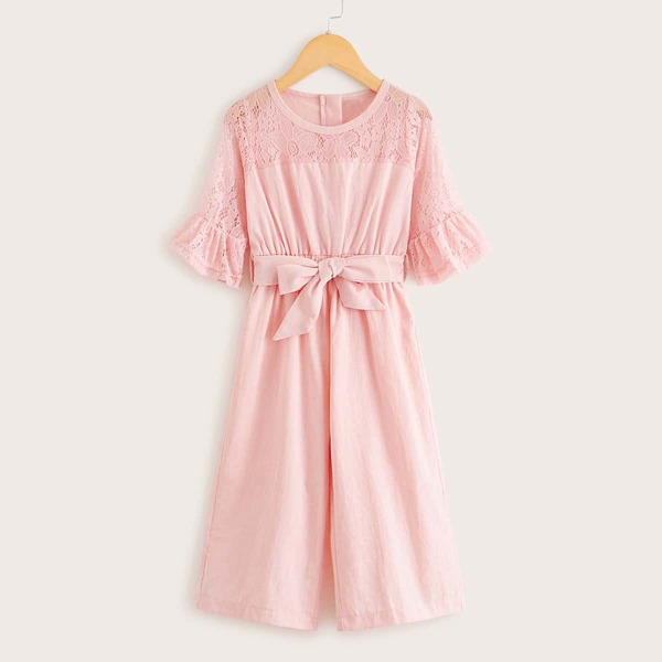 

Toddler Girls Lace Panel Self Tie Culotte Jumpsuit, Baby pink