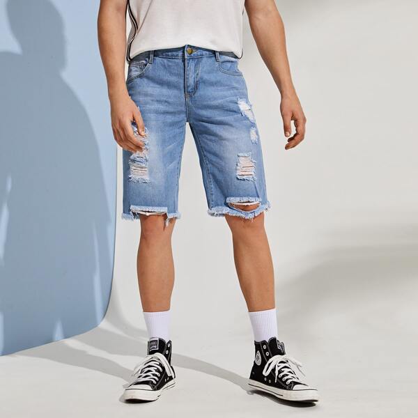 

Men Raw Hem Ripped Denim Shorts, Blue