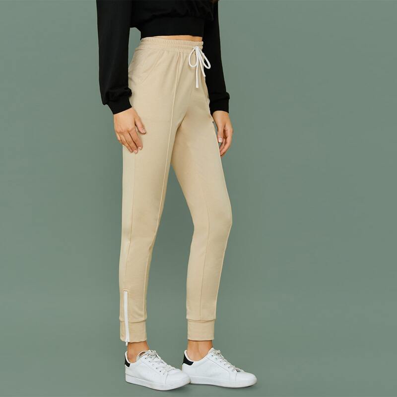 

Drawstring Waist Zip Hem Seam Front Sweatpants, Beige