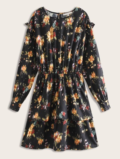 Floral Print Frill Trim A-line Dress