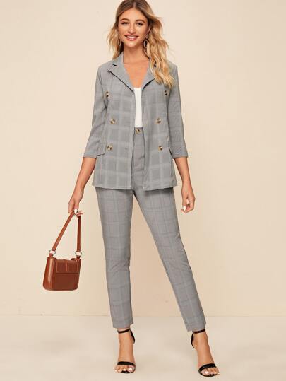 Plaid Double Breasted Blazer With Tailored Pants