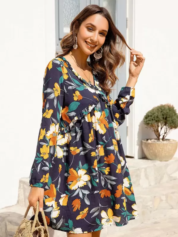 Floral Print Frill Trim Smock Dress