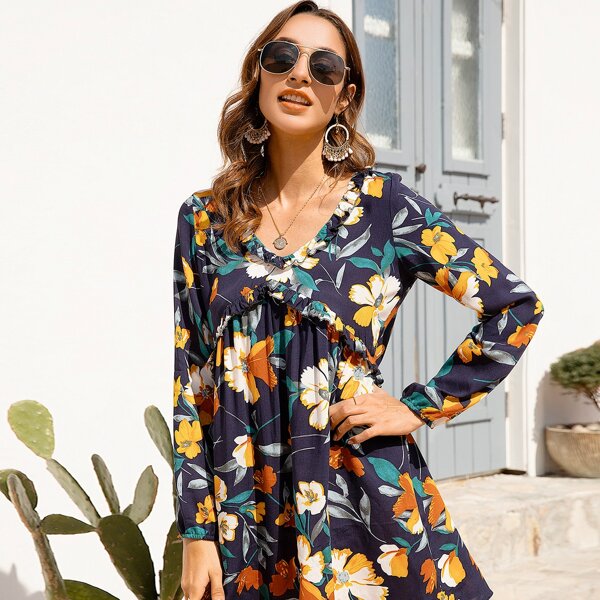 

Floral Print Frill Trim Smock Dress, Multicolor