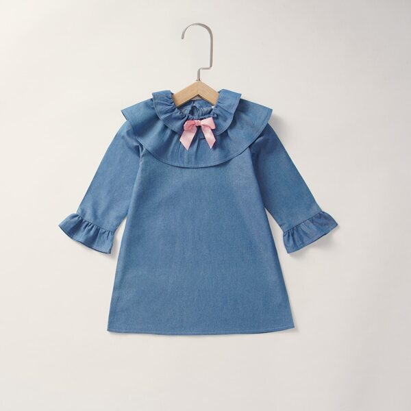 

Toddler Girls Bow Front Ruffle Trim Denim Dress, Dusty blue