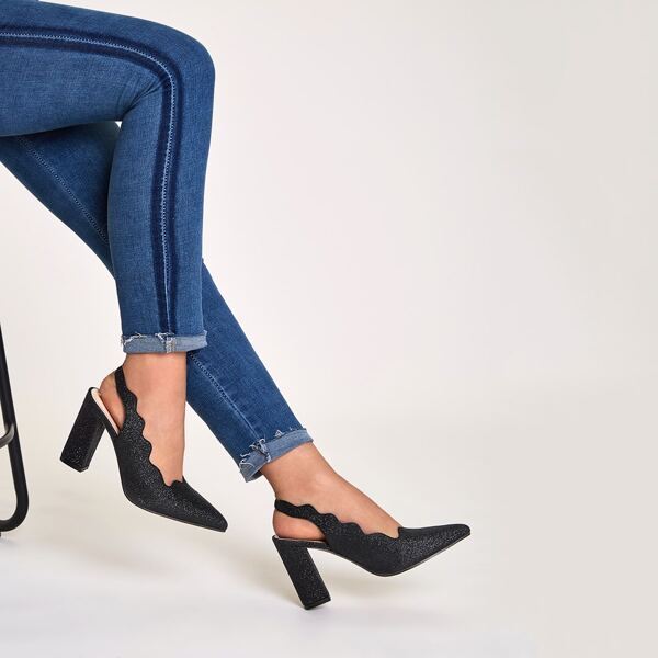 

Point Toe Scalloped Trim Glitter Chunky Heels, Black