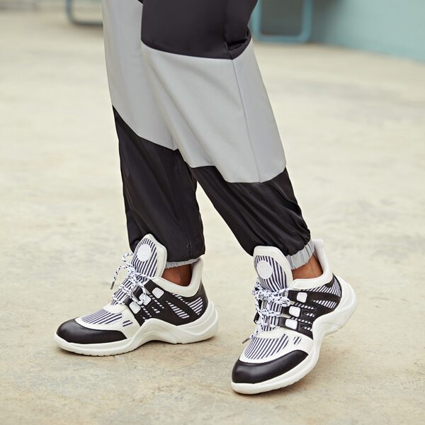 

Lace-up Front Striped Sneakers, Black and white