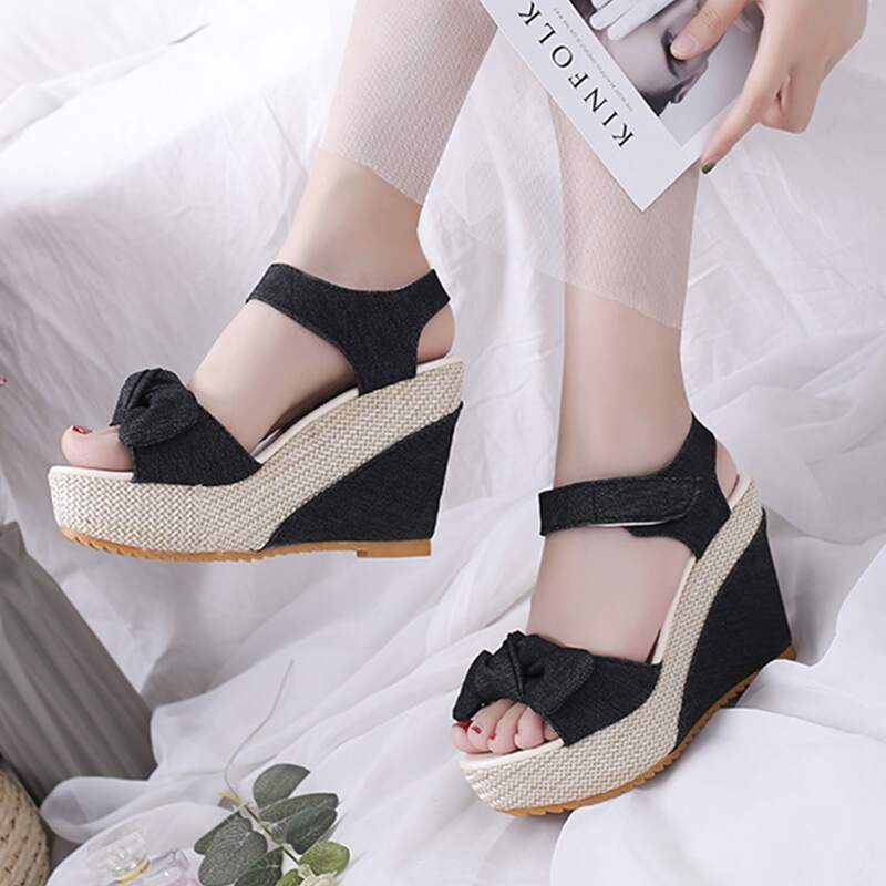 

Bow Decor Velcro Strap Wedges, Black