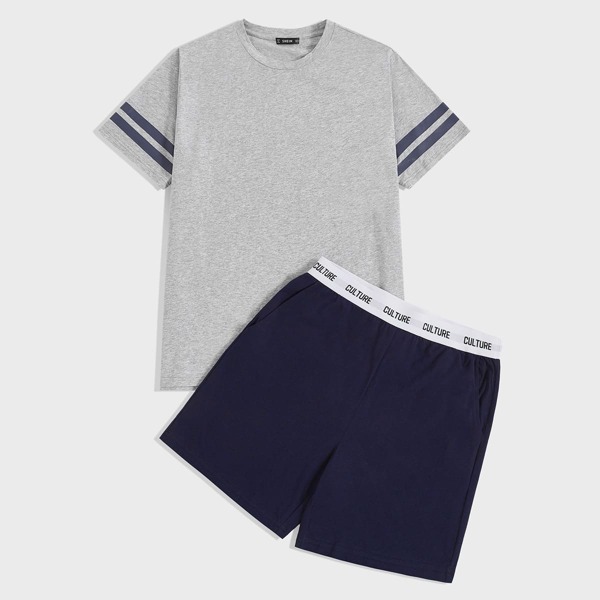 

Men Striped Cuff Top & Letter Tape Waist Shorts PJ Set, Multicolor