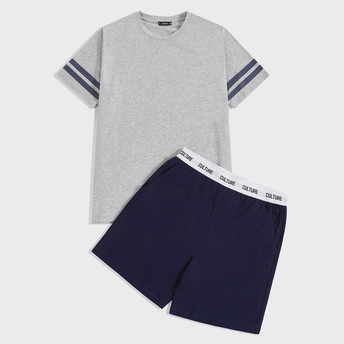 

Guys Striped Cuff Top & Letter Tape Waist Shorts PJ Set, Multicolor