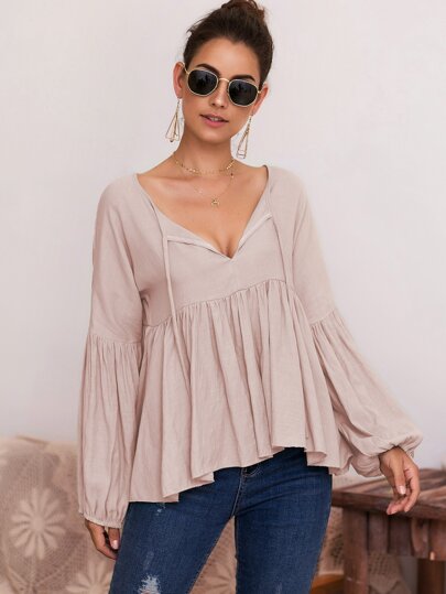 Solid Tie Front Babydoll Blouse
