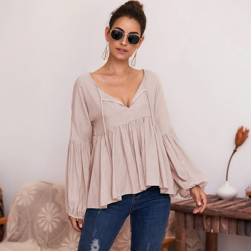 

Solid Tie Front Babydoll Blouse, Apricot