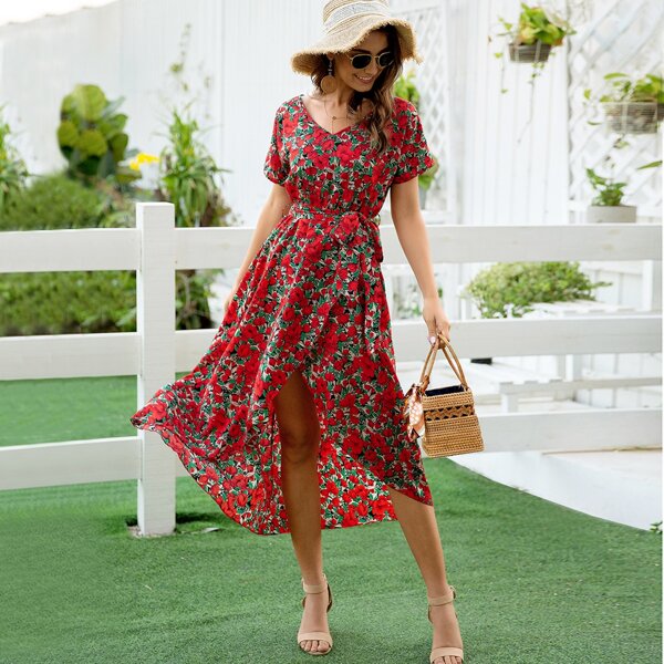 

Floral Print Belted Asymmetrical Hem Dress, Red