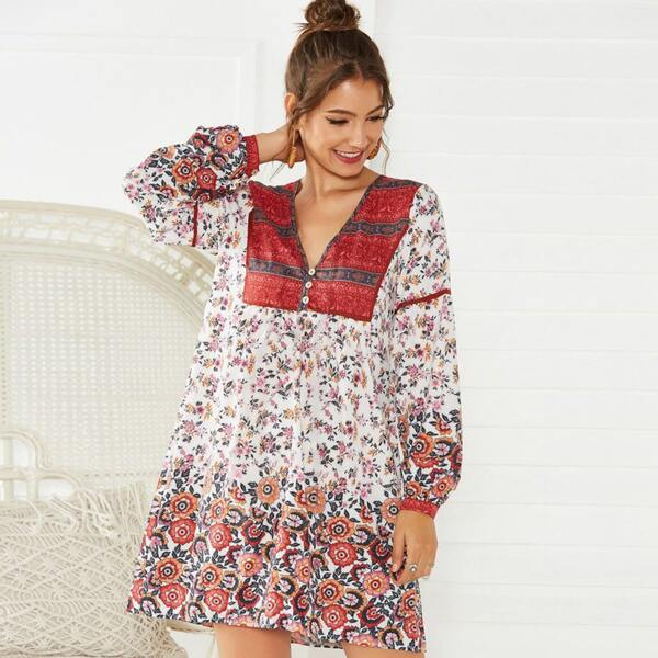 

V-neck Button Front Floral Print Dress, Multicolor