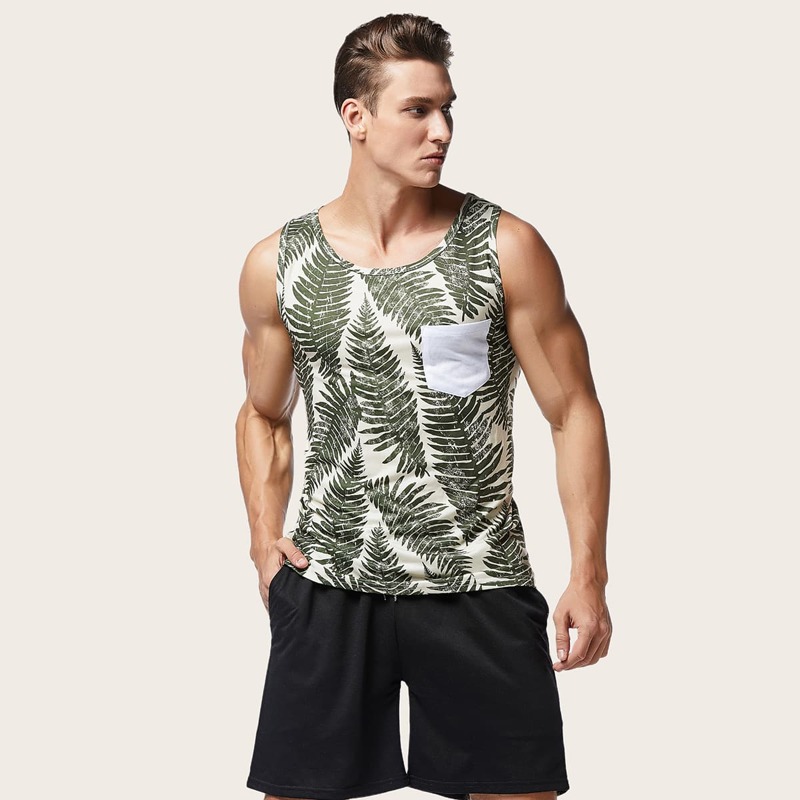 

Guys Plants Print Tank Top, Army green
