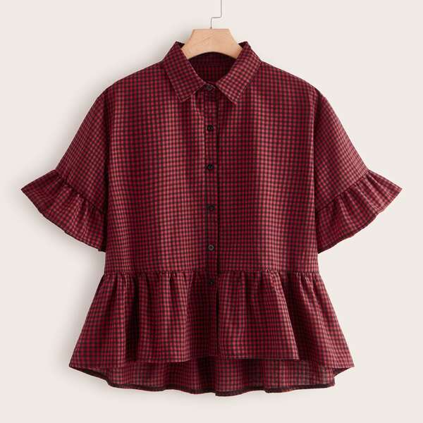 

Plus Gingham Print Button Through Ruffle Ham Blouse, Burgundy